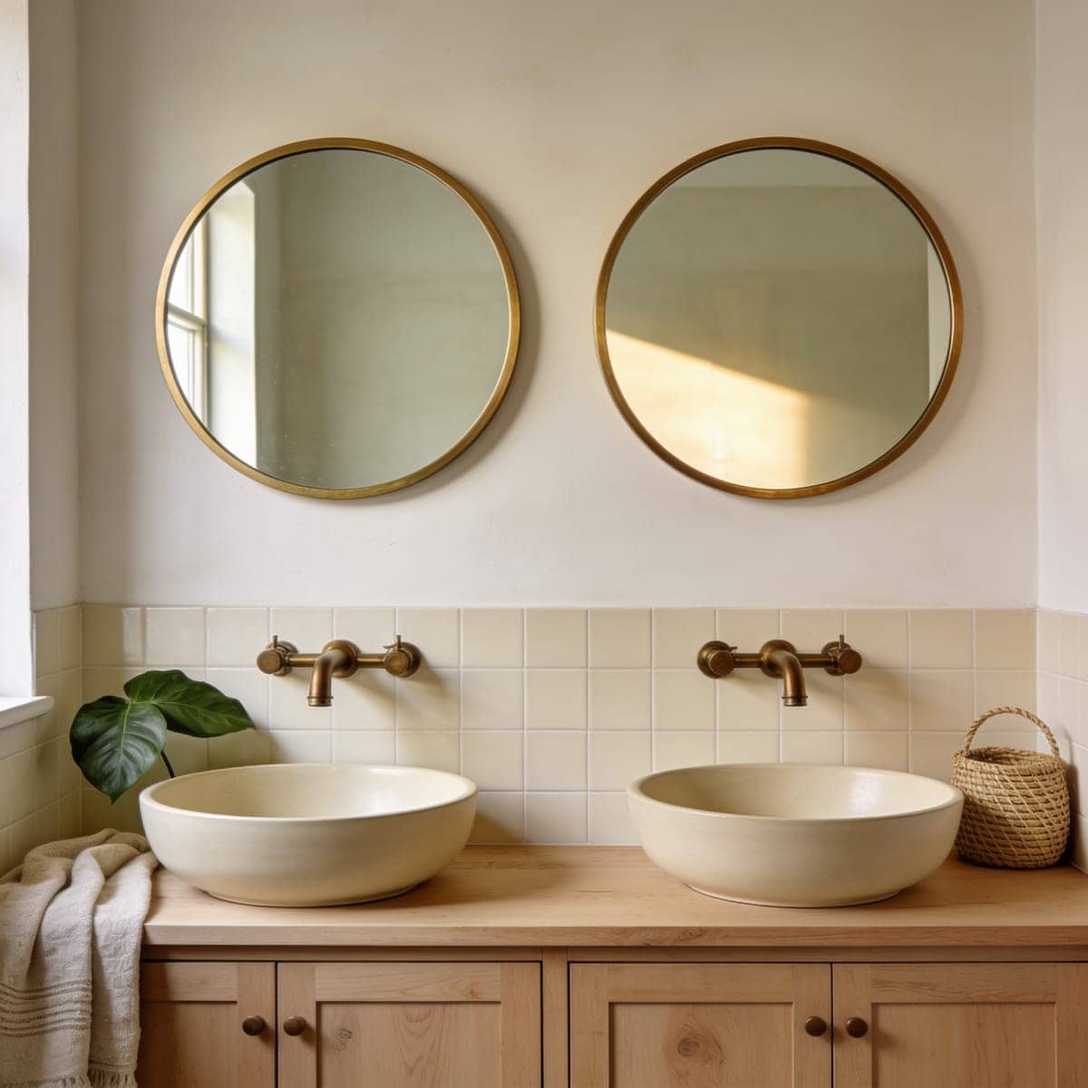 two matching brass round mirrors above a double sink vanity