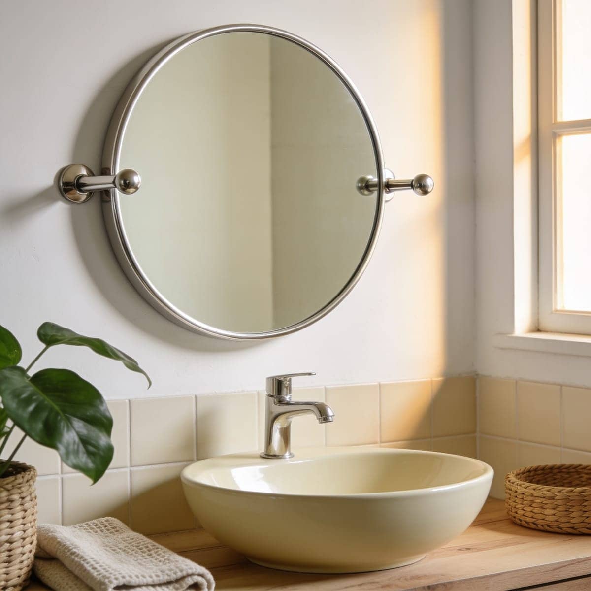chrome round pivot mirror tilting on side brackets above a sink