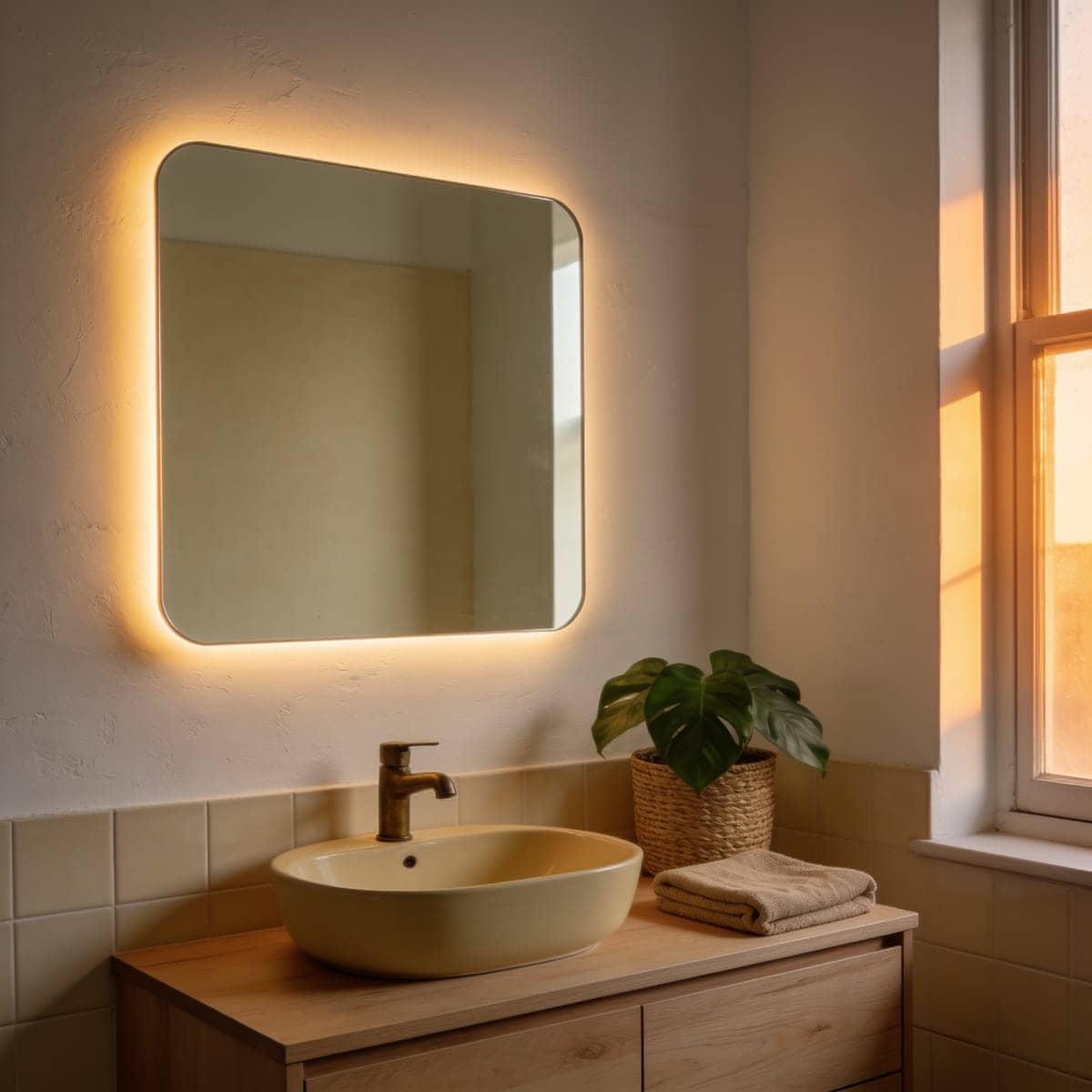 frameless LED backlit mirror with warm glow above a vanity
