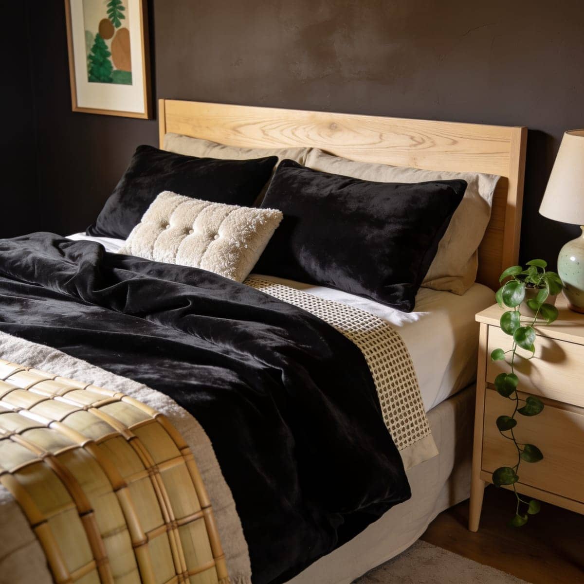 deep velvet quilted comforter set on a dark bedroom bed