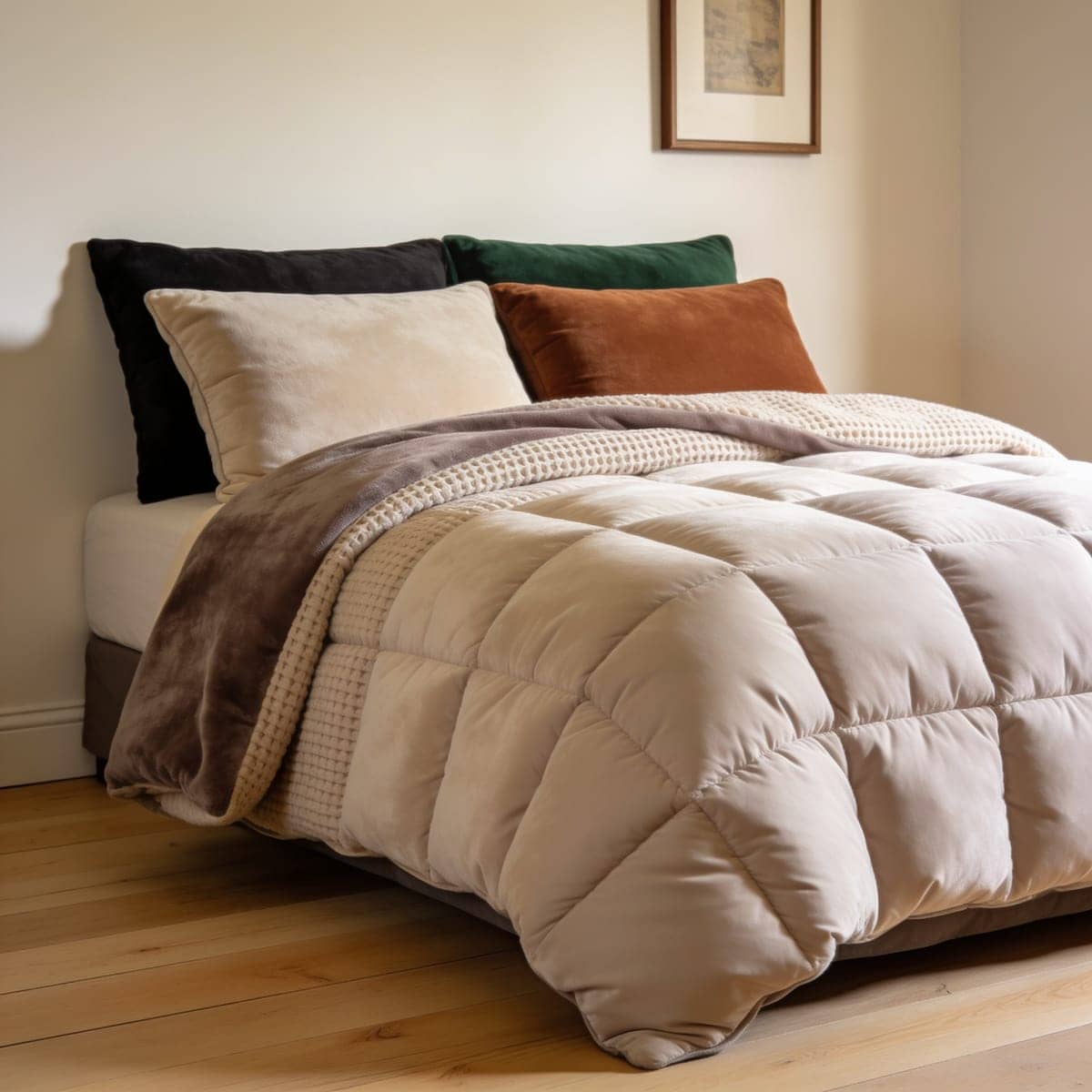 fluffy box-stitched down-alternative comforter set on a bed