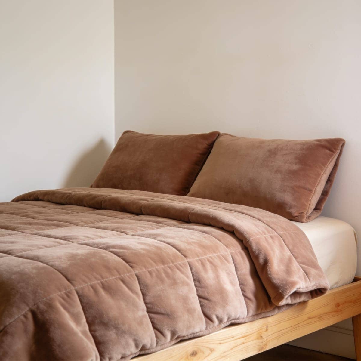 simple microfiber comforter set in a soft neutral on a bed