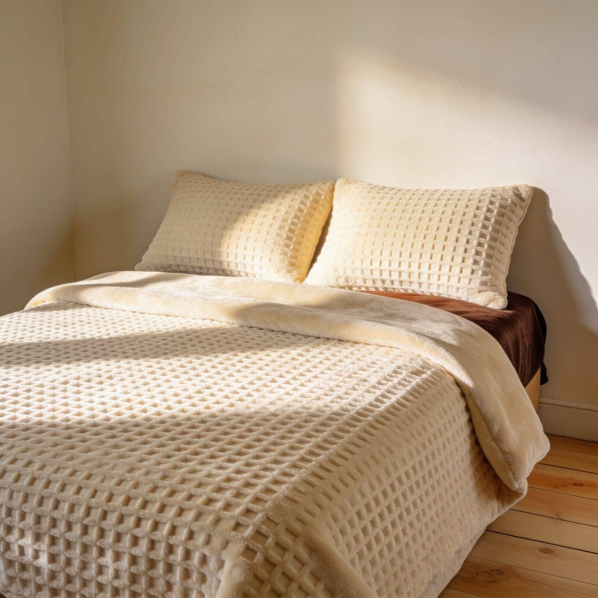 textured waffle-weave duvet set in warm cream on a bed