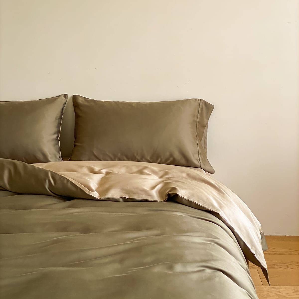 smooth cooling bamboo bedding set in a cool neutral on a bed