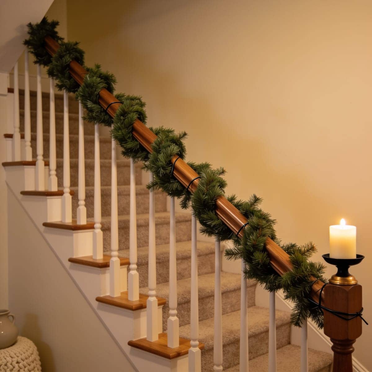 slim garland wrapped along a wooden staircase banister