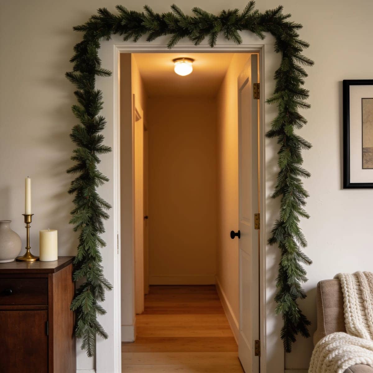extra long garland framing a doorway with warm light behind