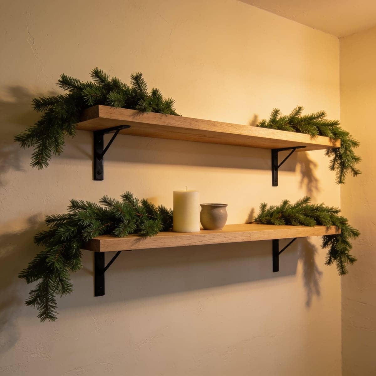 two mini garlands on a floating shelf beside a candle