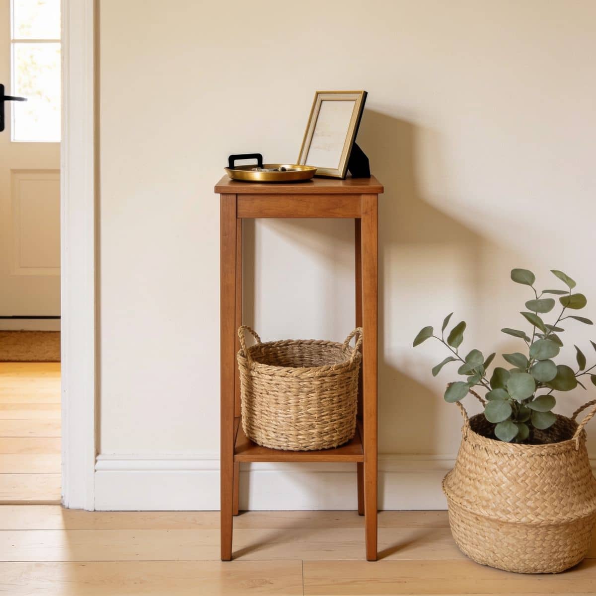 narrow console table only ten inches deep against an entryway wall