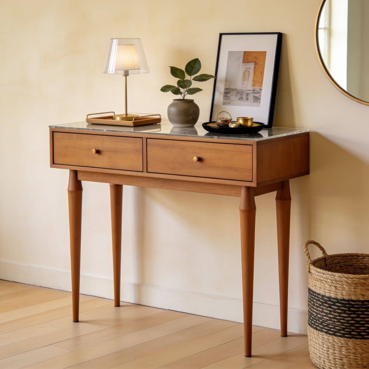 entryway console table with two drawers and a lower shelf