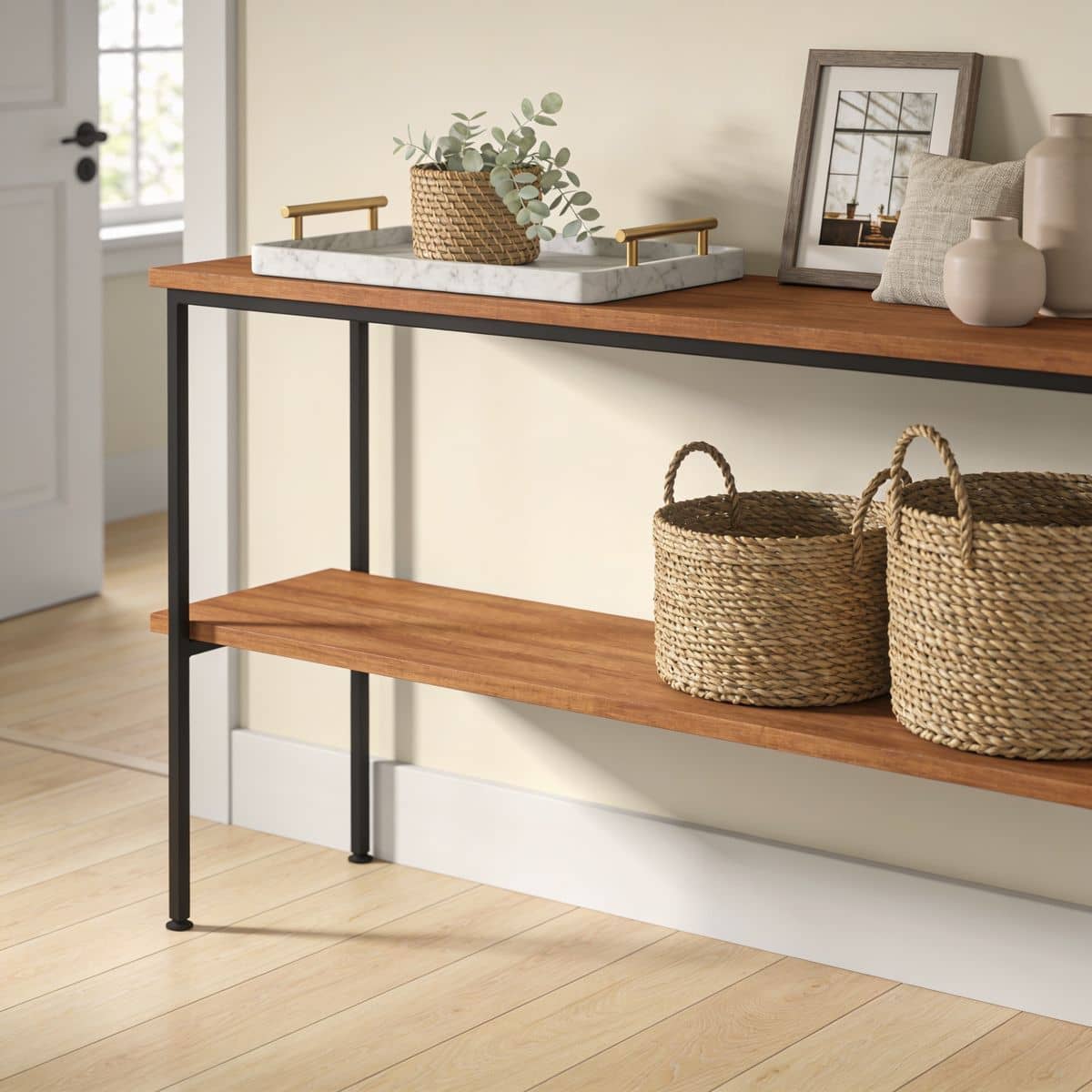 two tier wood and metal industrial console table