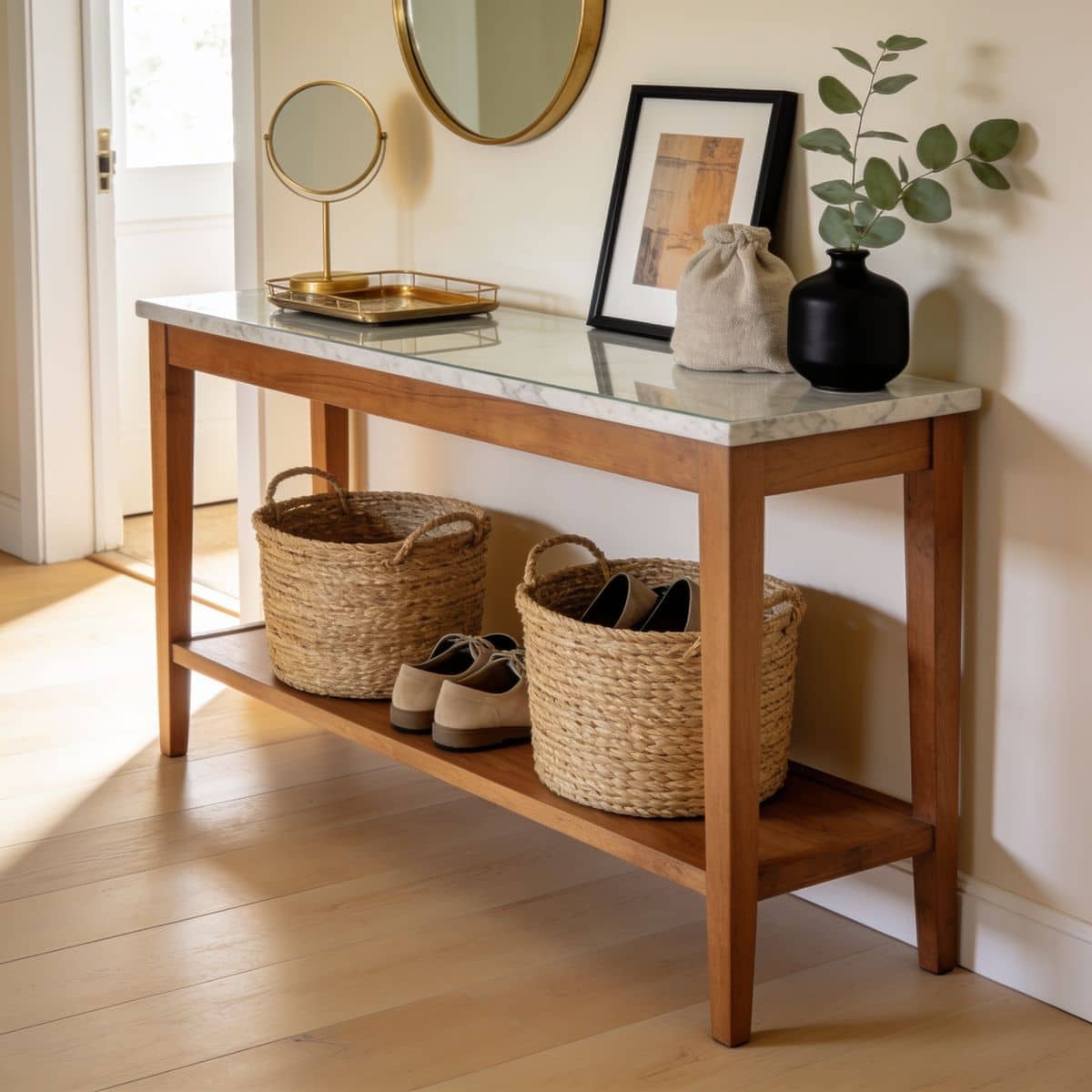 console table with a low shelf holding two woven baskets