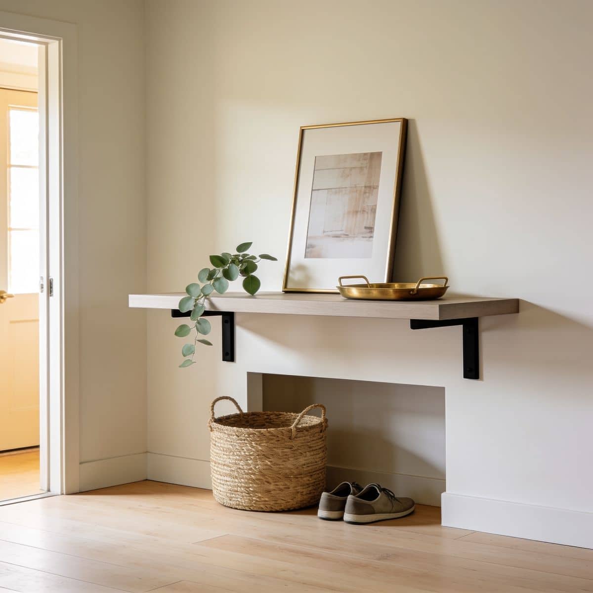 wall mounted floating console shelf with no legs in an entryway