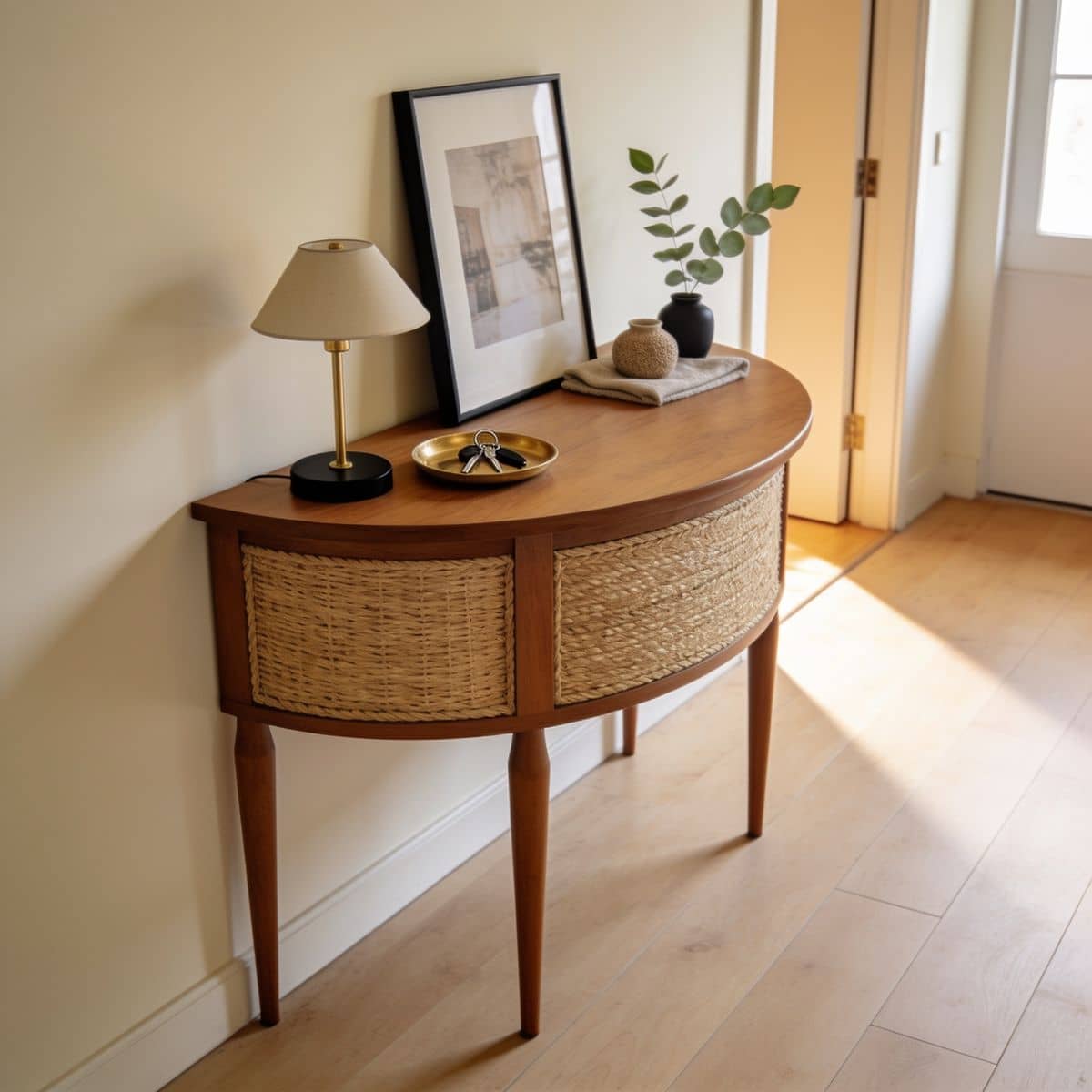 half moon demilune console table against a hallway wall