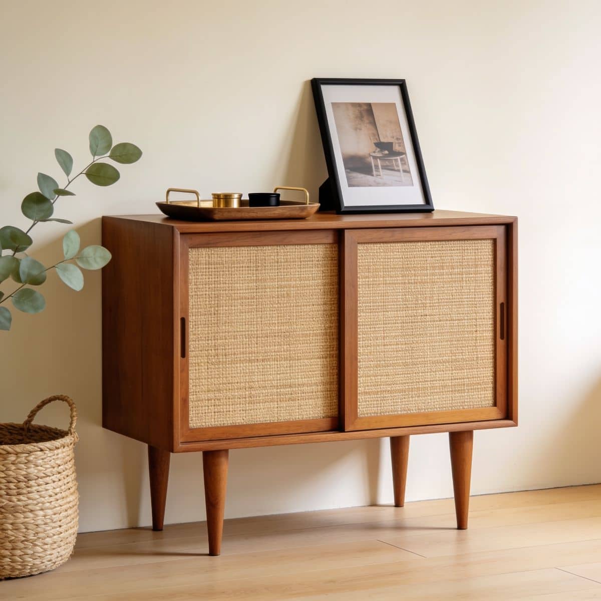 mid century console table with tapered wood legs in an entryway