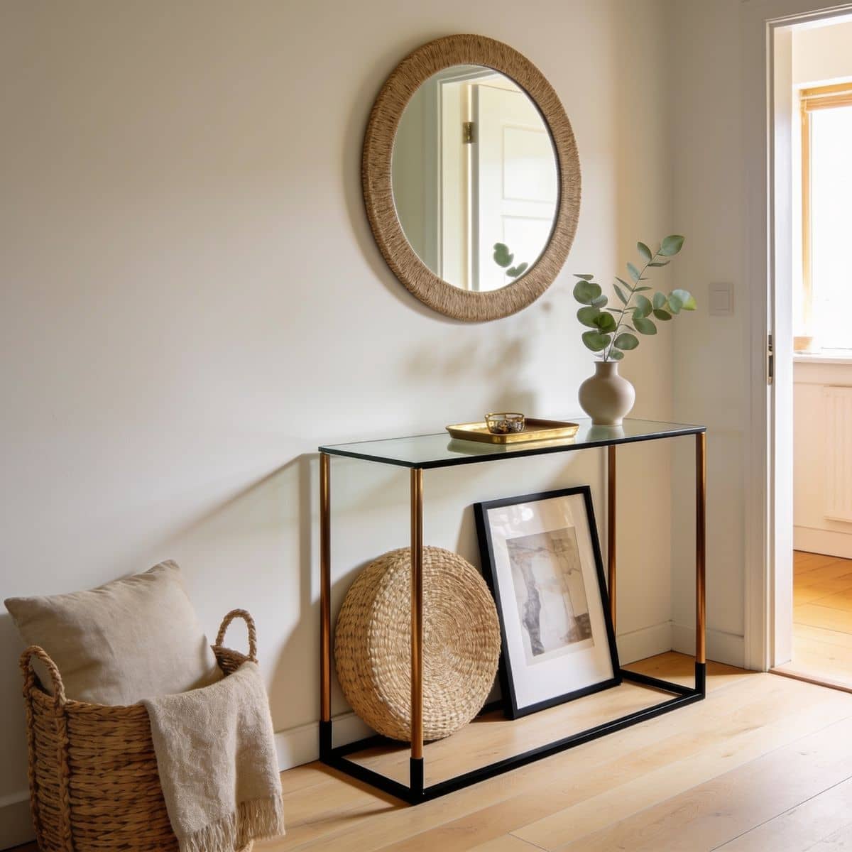 glass top console table with a thin metal frame in a small entry