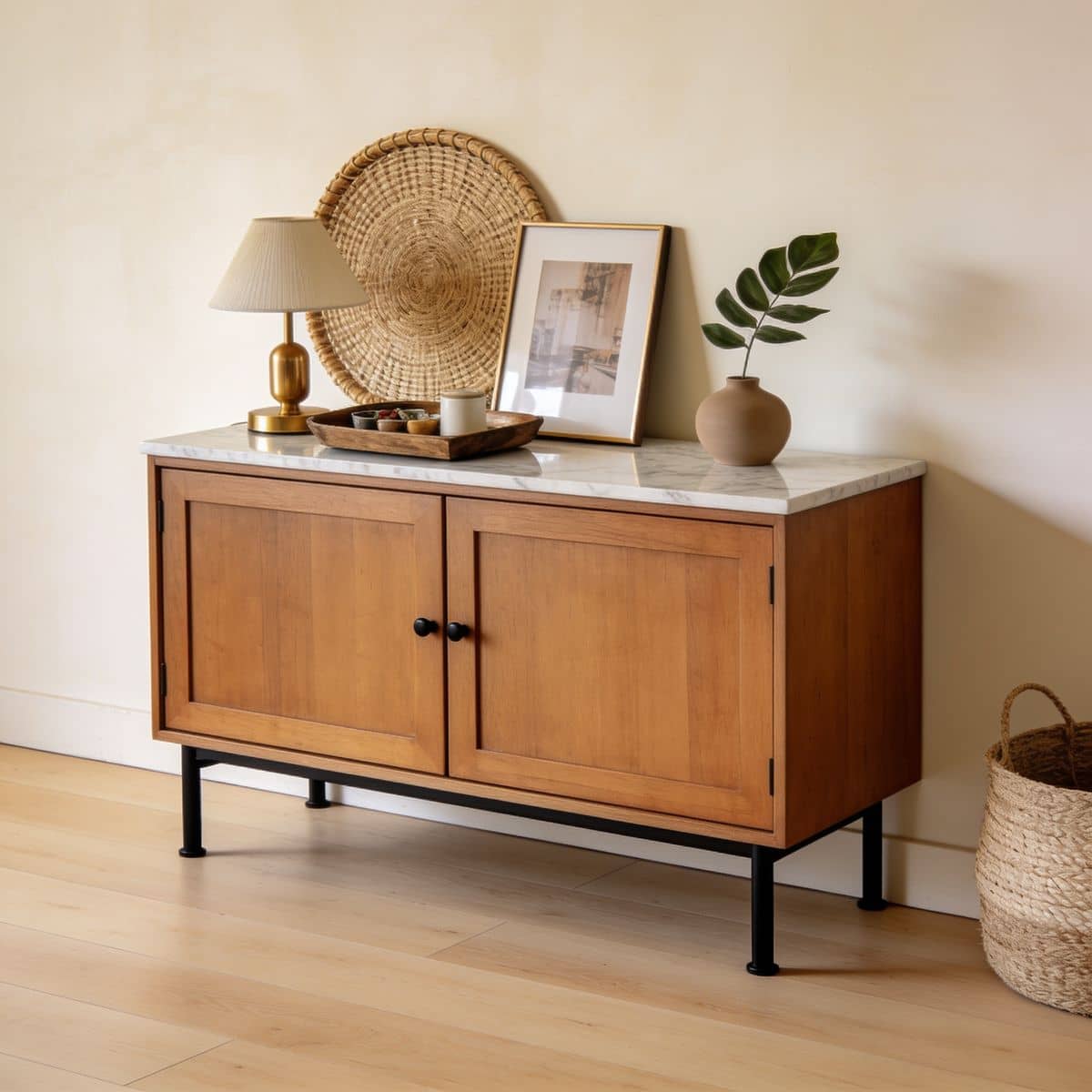 console table with two cabinet doors closed in an entryway