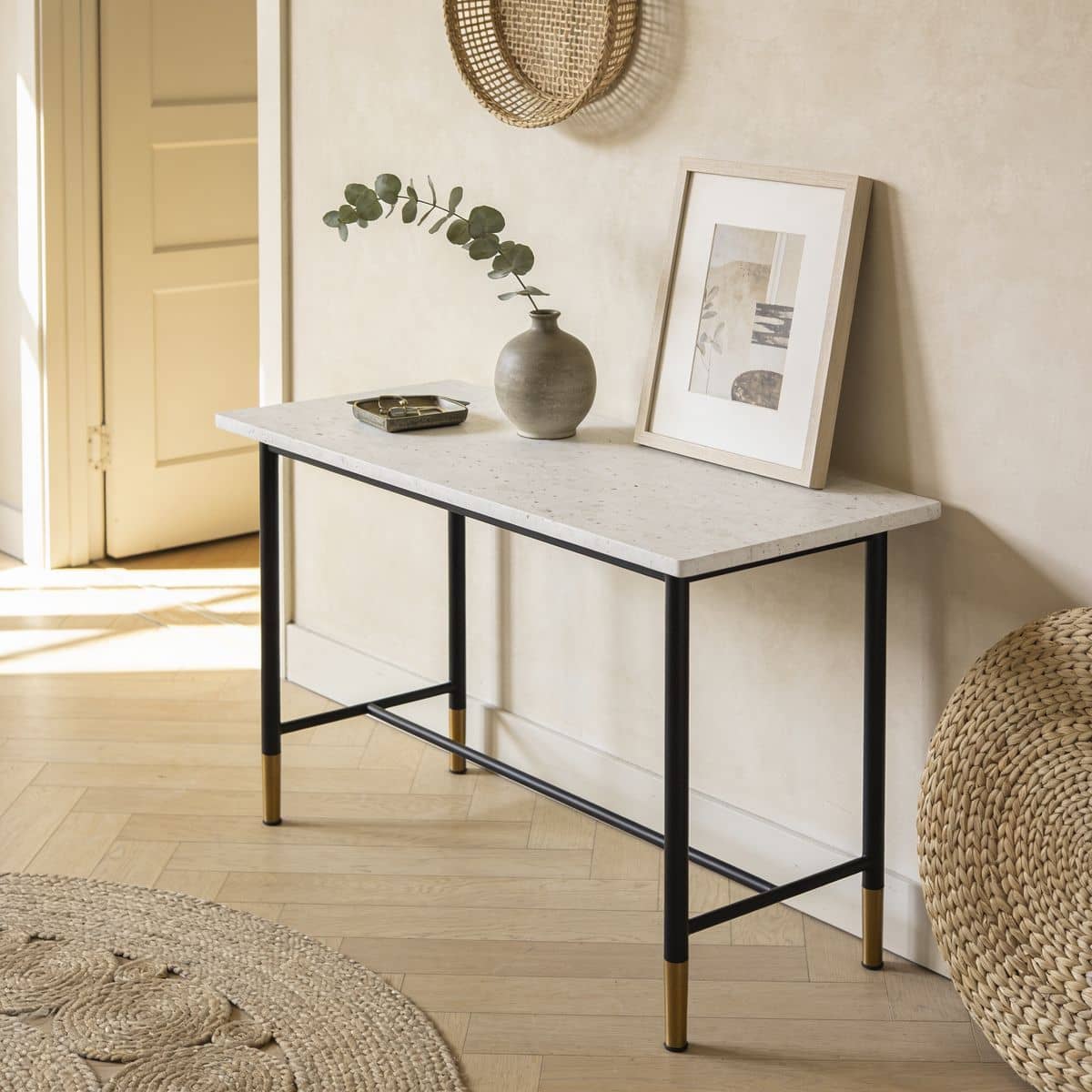faux marble top console table with a slim base