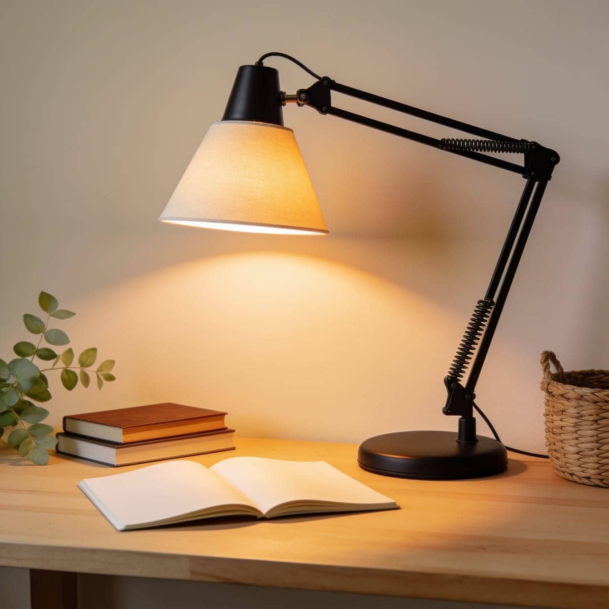 matte black architect swing arm desk lamp over a small wood desk