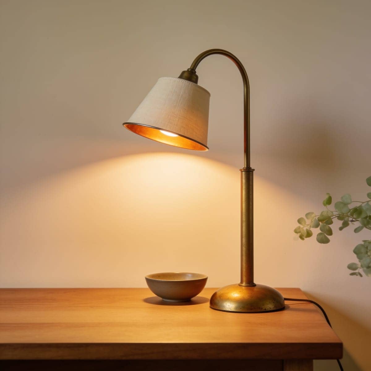 antique brass pharmacy desk lamp on a walnut desk with a warm glow