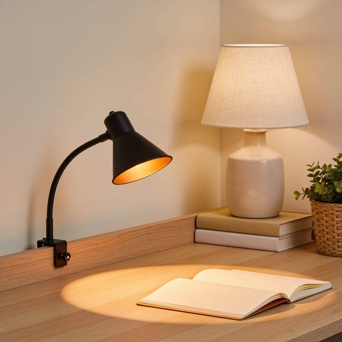 clamp-on task lamp fixed to the edge of a narrow desk
