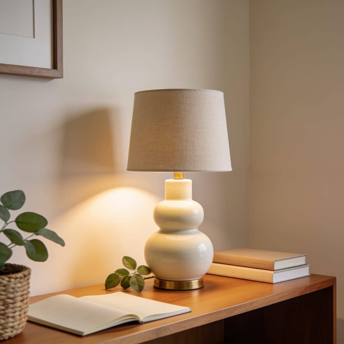 small ceramic base desk lamp with a linen shade on a styled desk