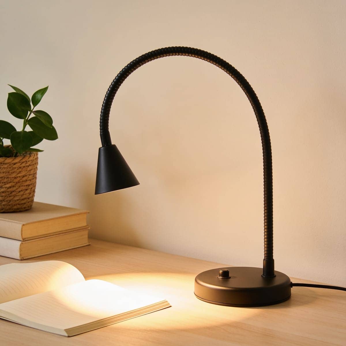 matte black gooseneck metal desk lamp bent over an open notebook