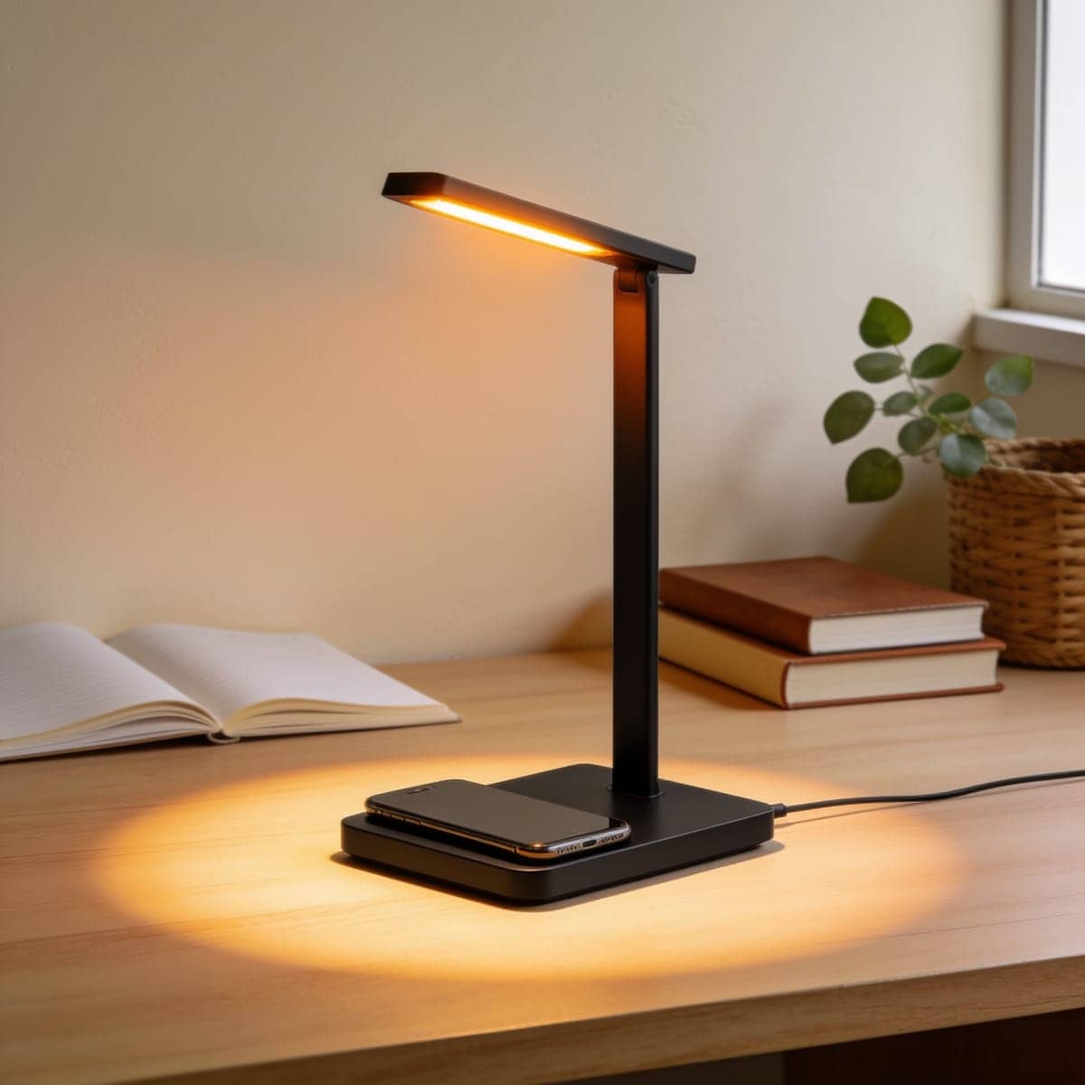 led desk lamp with a wireless charging pad in its base and a phone on it