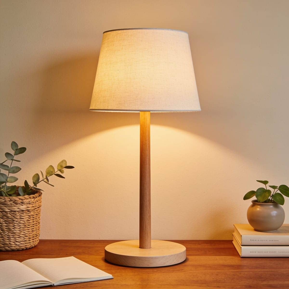 wood base desk lamp with a warm bulb on an oak desk