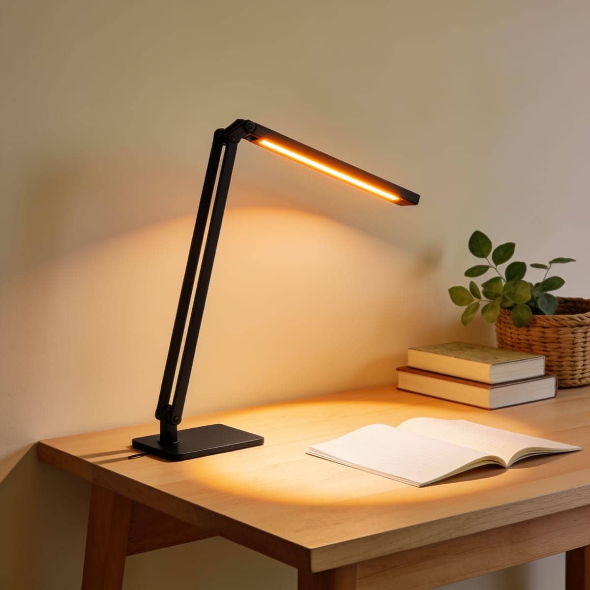 slim folding led desk lamp partly folded flat on a narrow desk