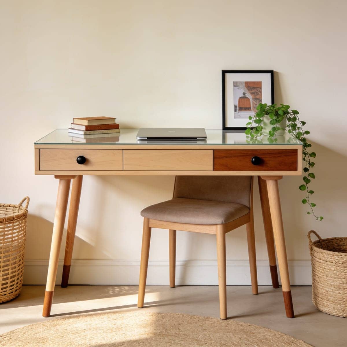slim writing desk with clean lines and tapered legs against a wall