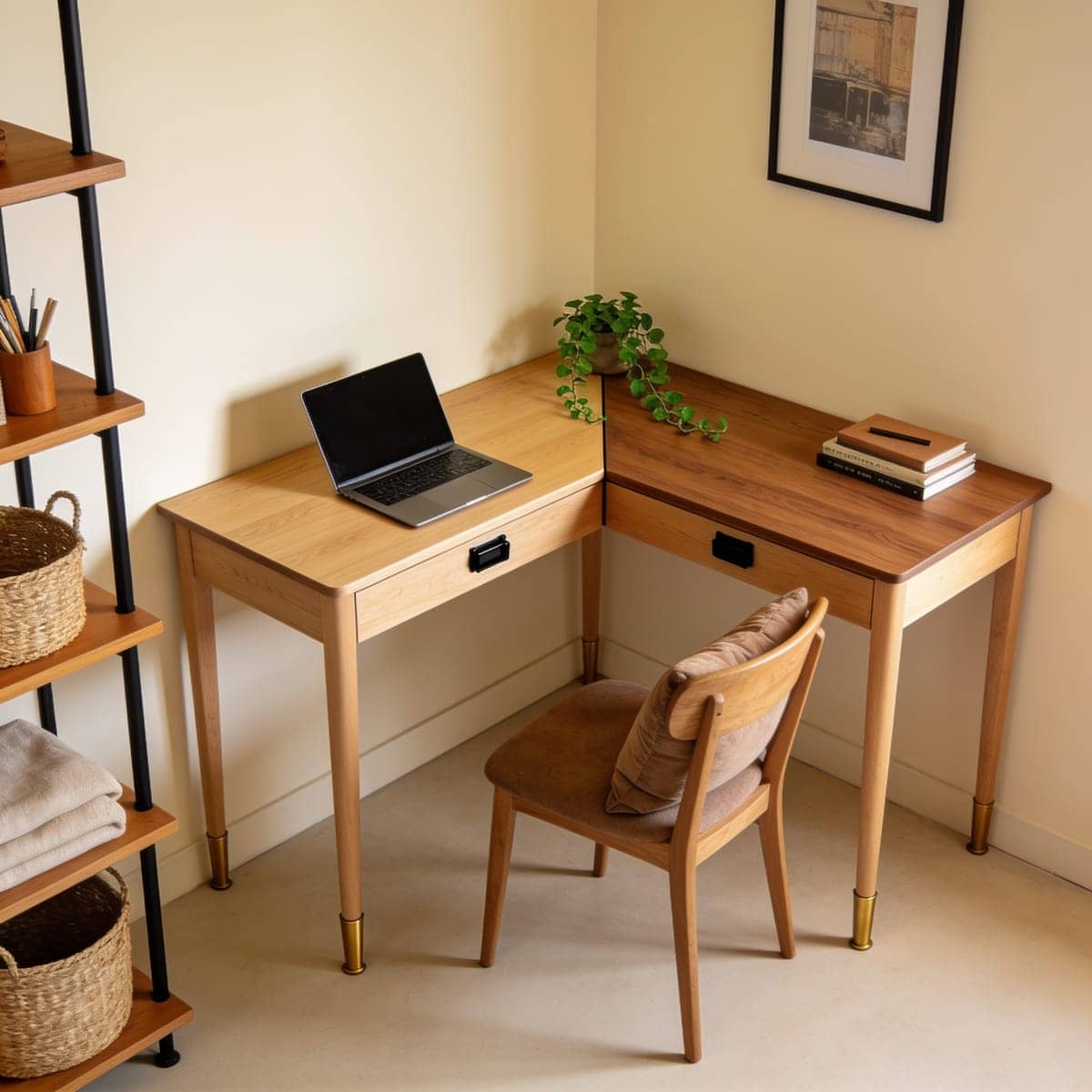 small l shaped corner desk tucked into the corner of a room