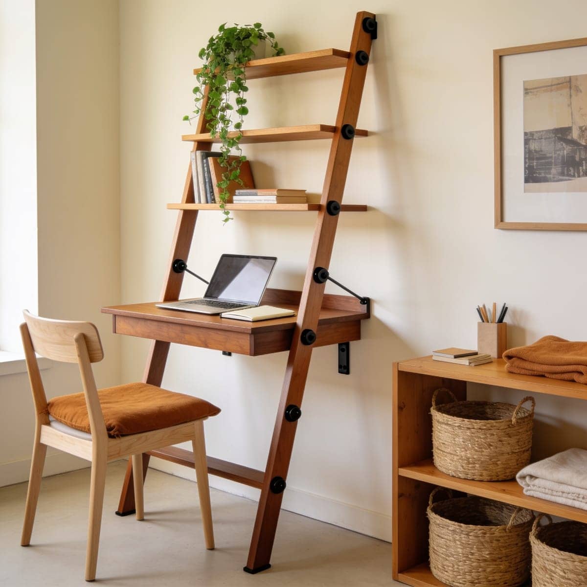 ladder leaning desk with shelves above the work surface against a wall