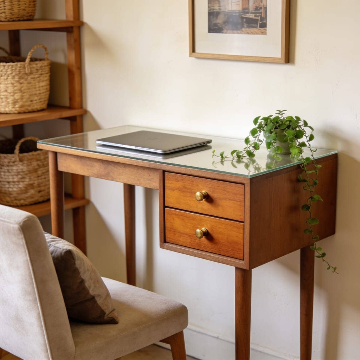 compact desk with two drawers keeping the surface clear