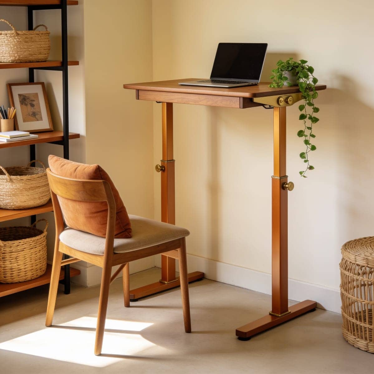 small adjustable standing desk raised in a compact home office