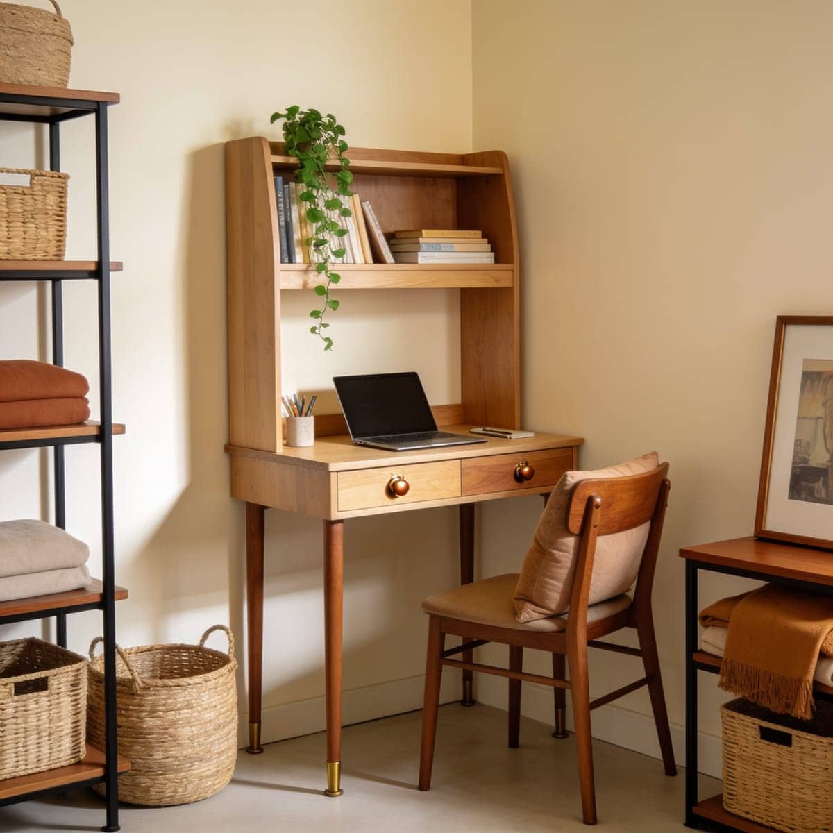compact desk with a built in hutch shelf holding supplies