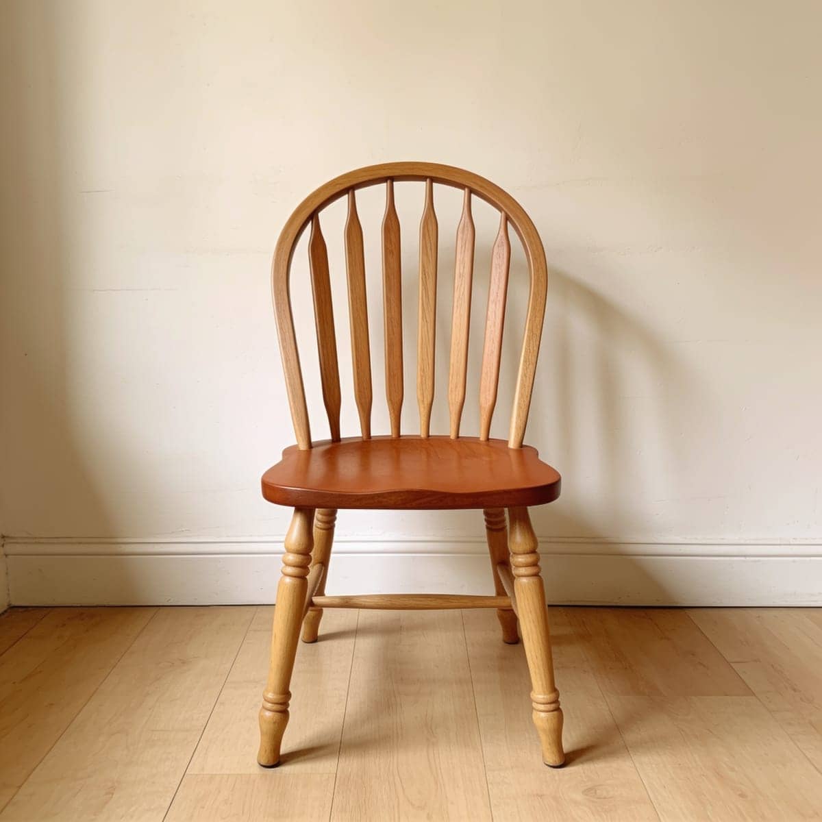 pair of natural wood spindle back dining chairs beside a farmhouse table
