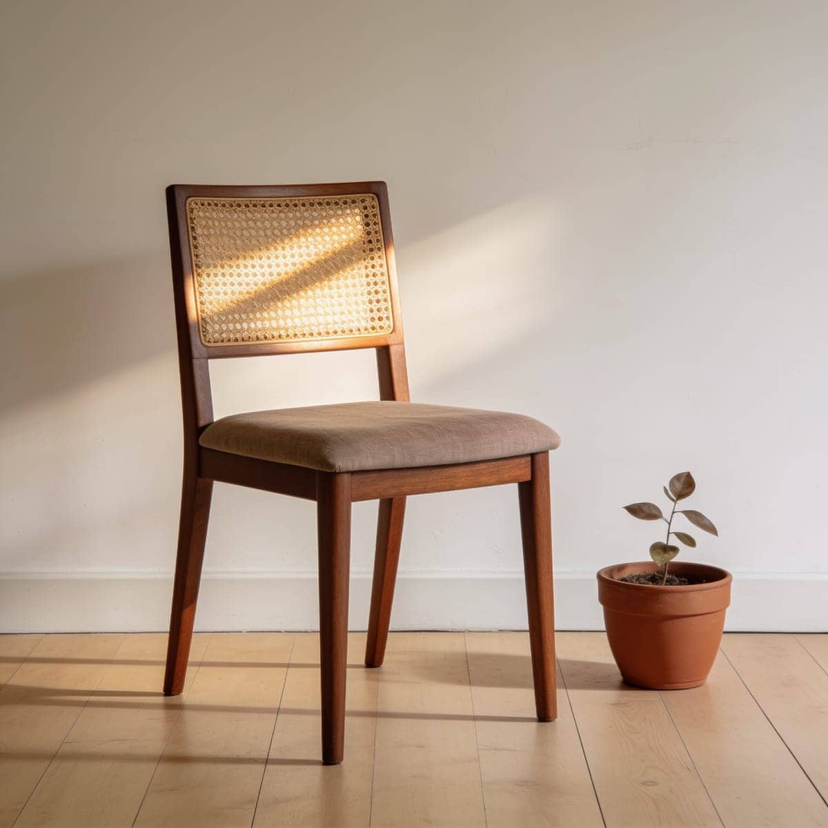 cane back dining chairs with wood frames in a warm neutral dining room