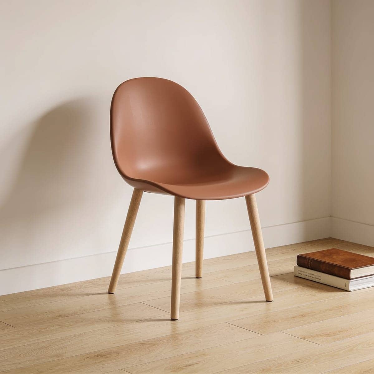 set of four molded shell dining chairs with wood legs around a small table