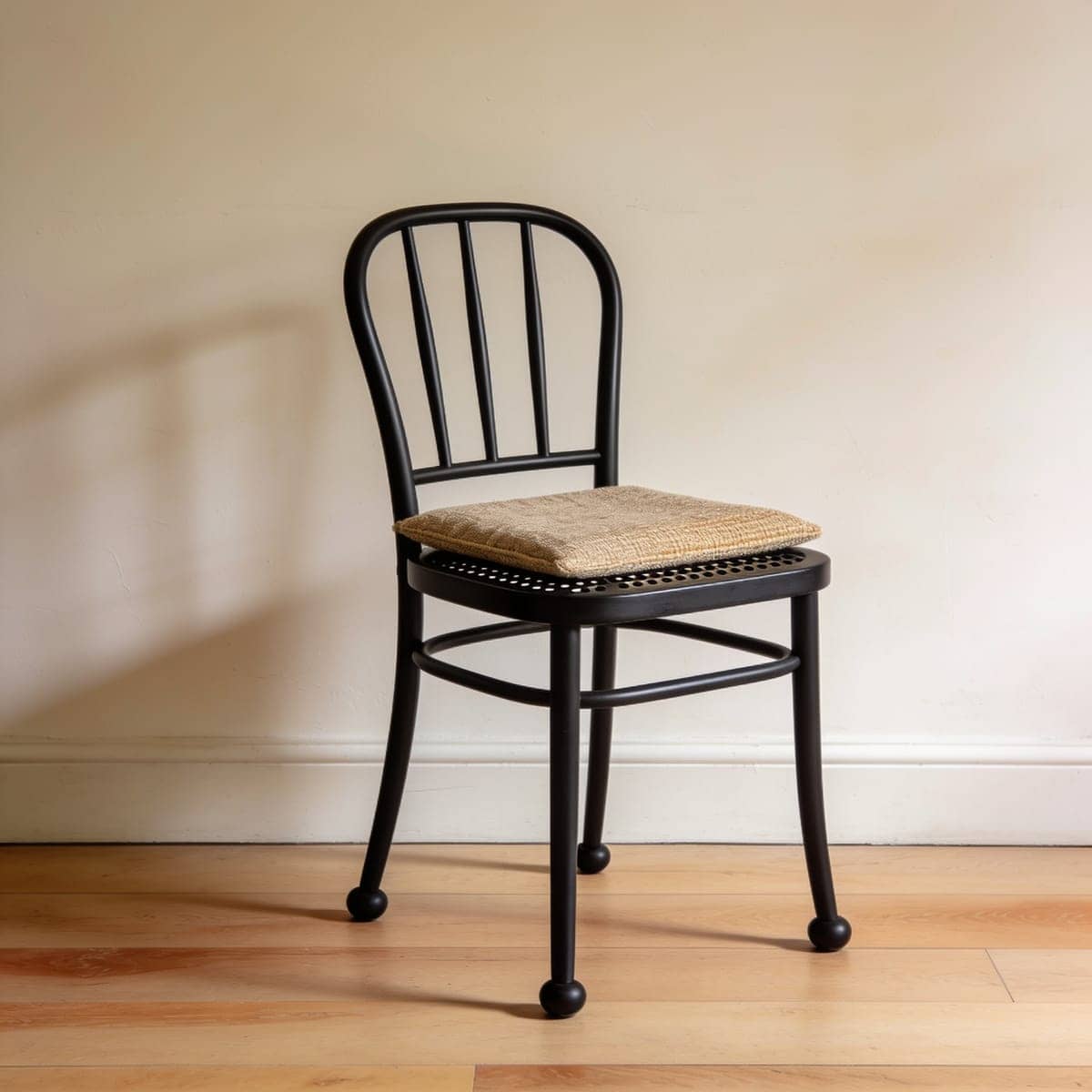 two black metal bistro dining chairs at a small round cafe table