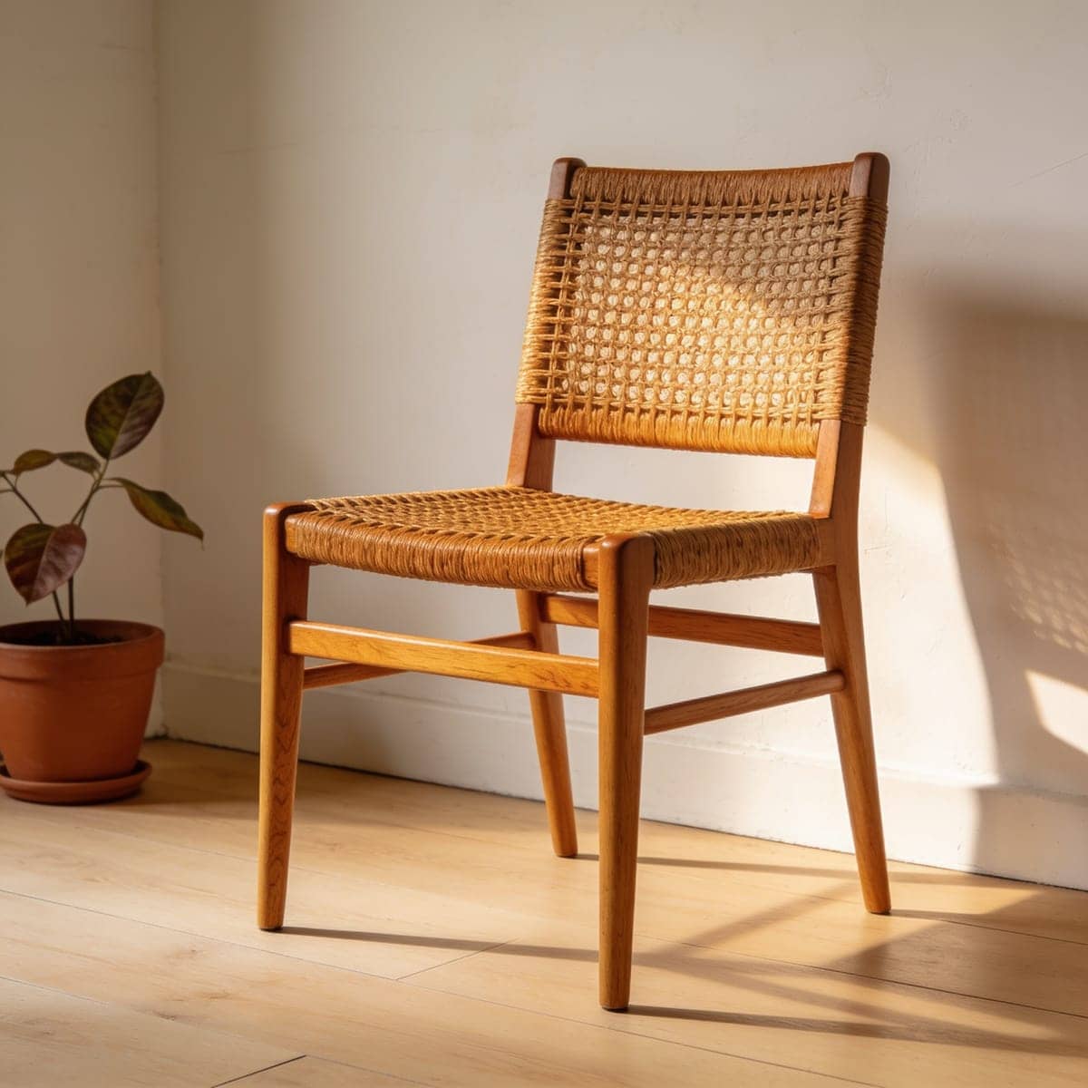 woven rattan dining chairs with natural finish at a light wood table