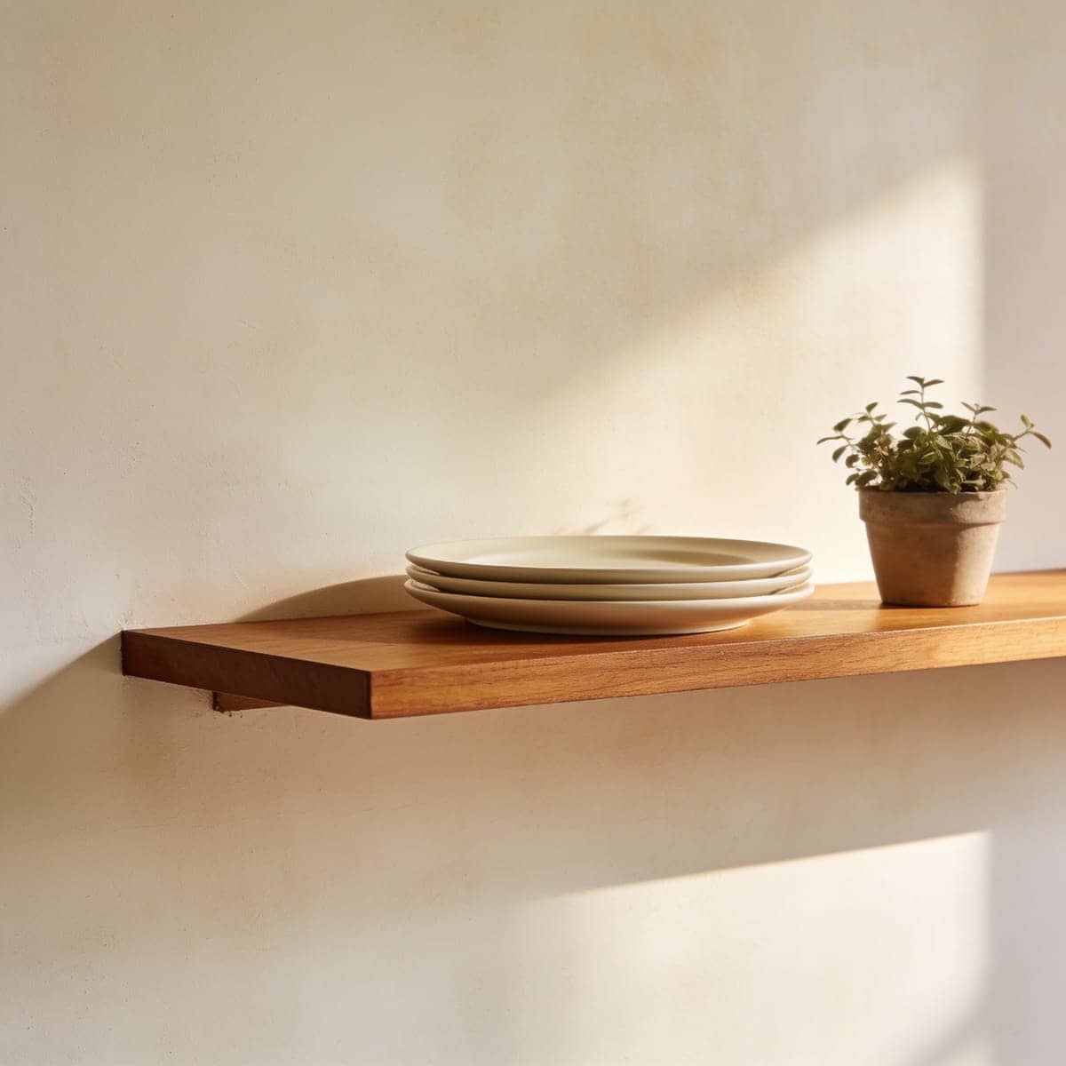 warm wood floating shelf on a pale wall with a hidden bracket