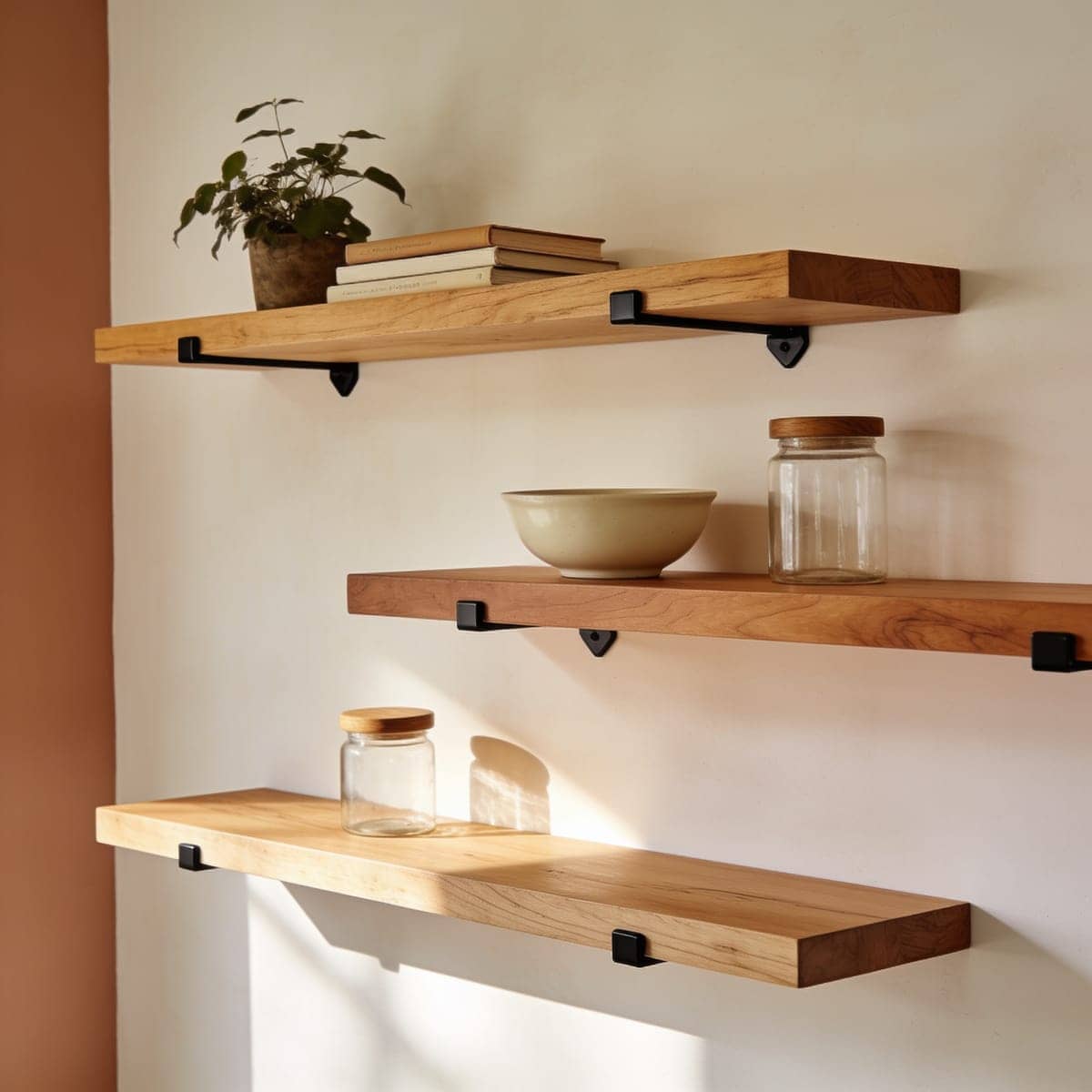 set of three wood floating shelves of different lengths mounted on a wall