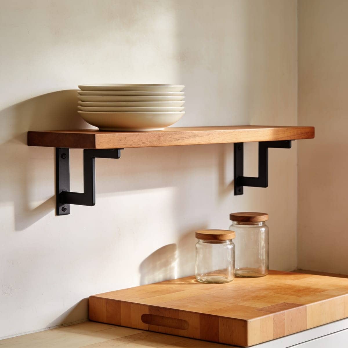 wood shelf on visible black metal brackets holding stacked bowls
