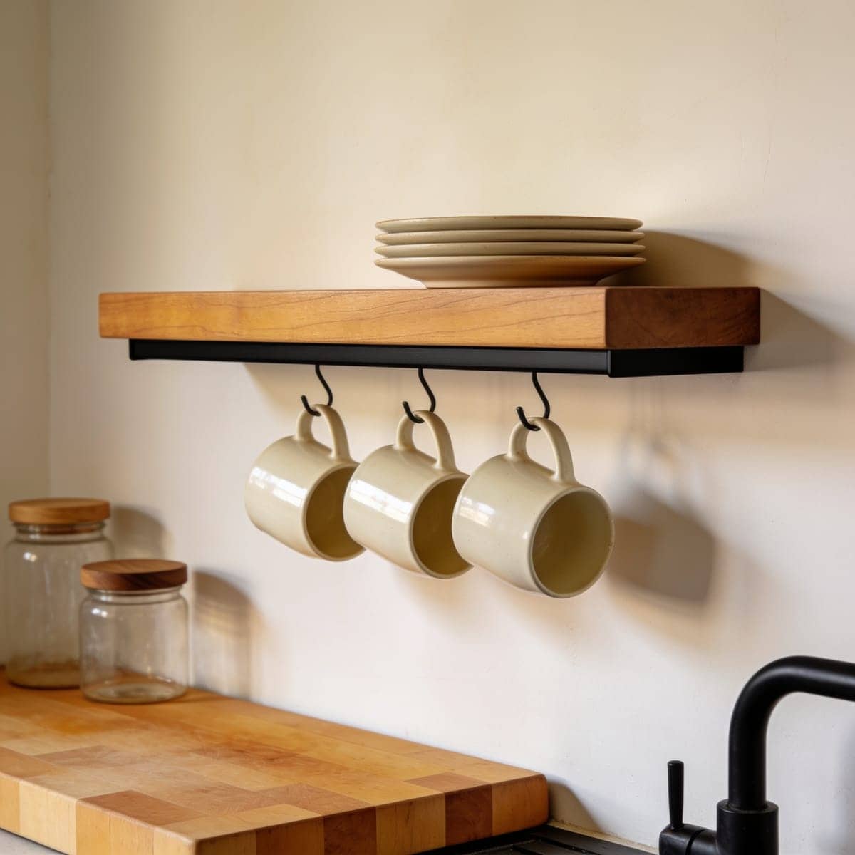 wood floating shelf with a metal rail underneath holding hanging mugs
