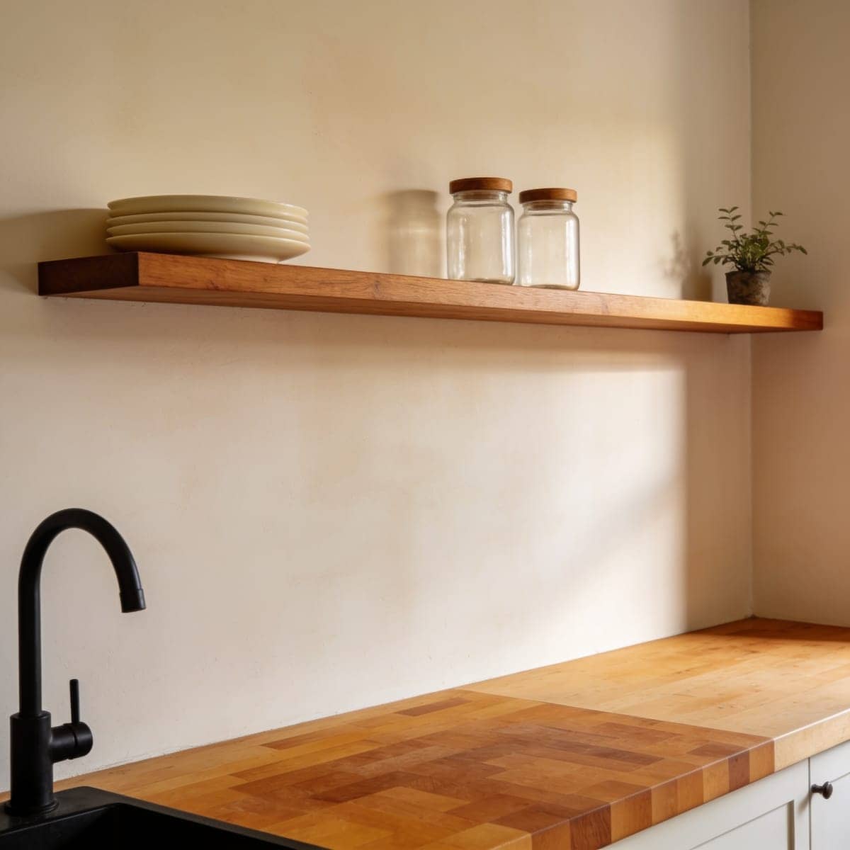 long 48 inch floating shelf spanning a wall above a counter