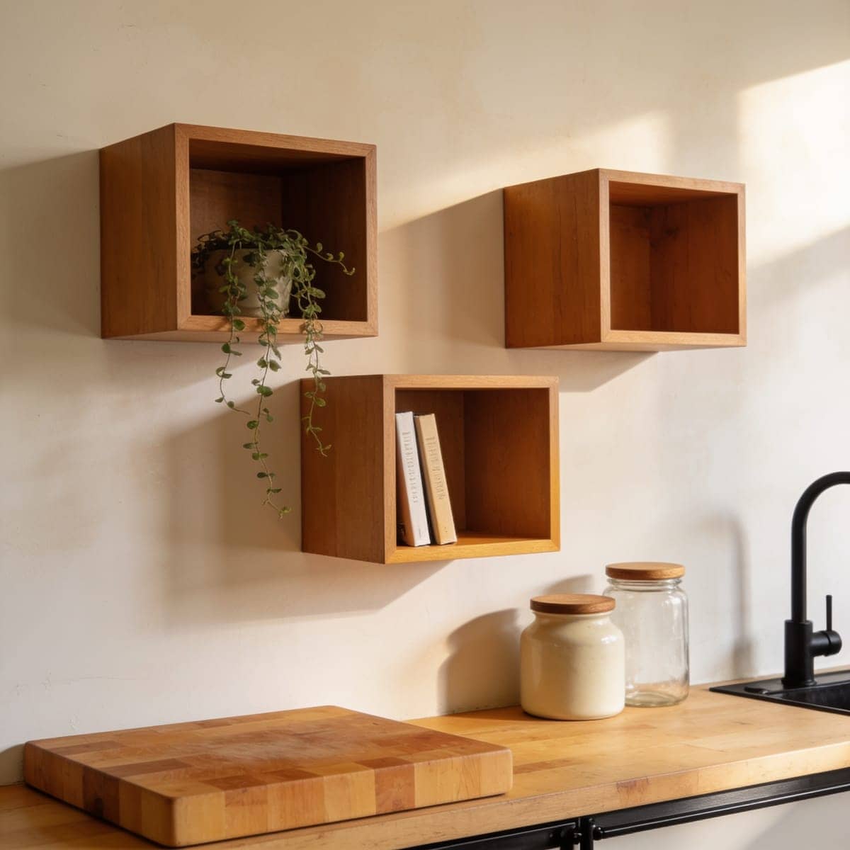 two floating cube shelves staggered on a narrow wall