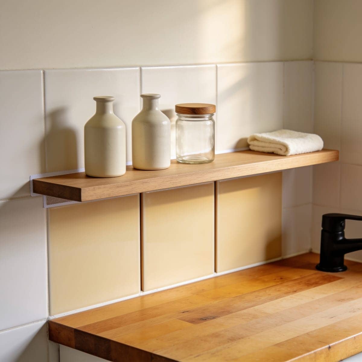 small adhesive no drill shelf mounted on a tiled wall
