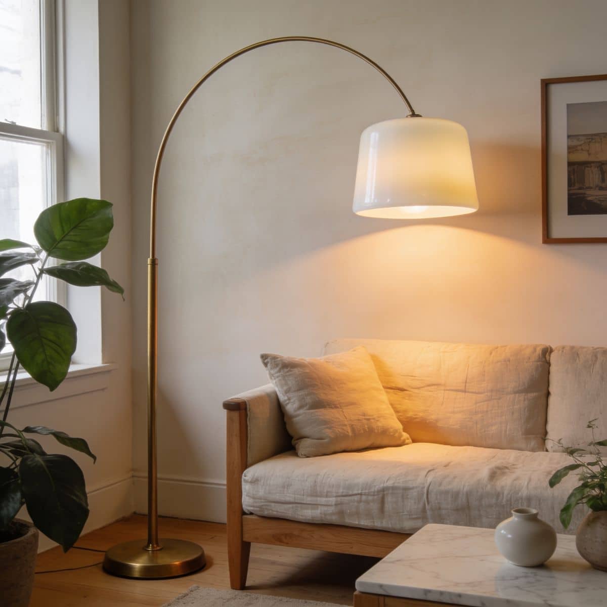 arc floor lamp arching warm light over a living room sofa