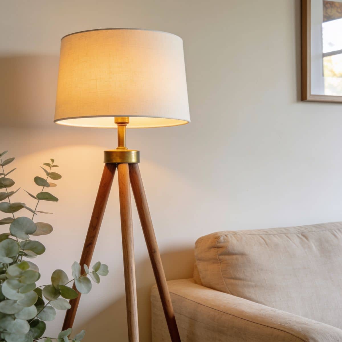 wood tripod floor lamp with a linen shade in a living room
