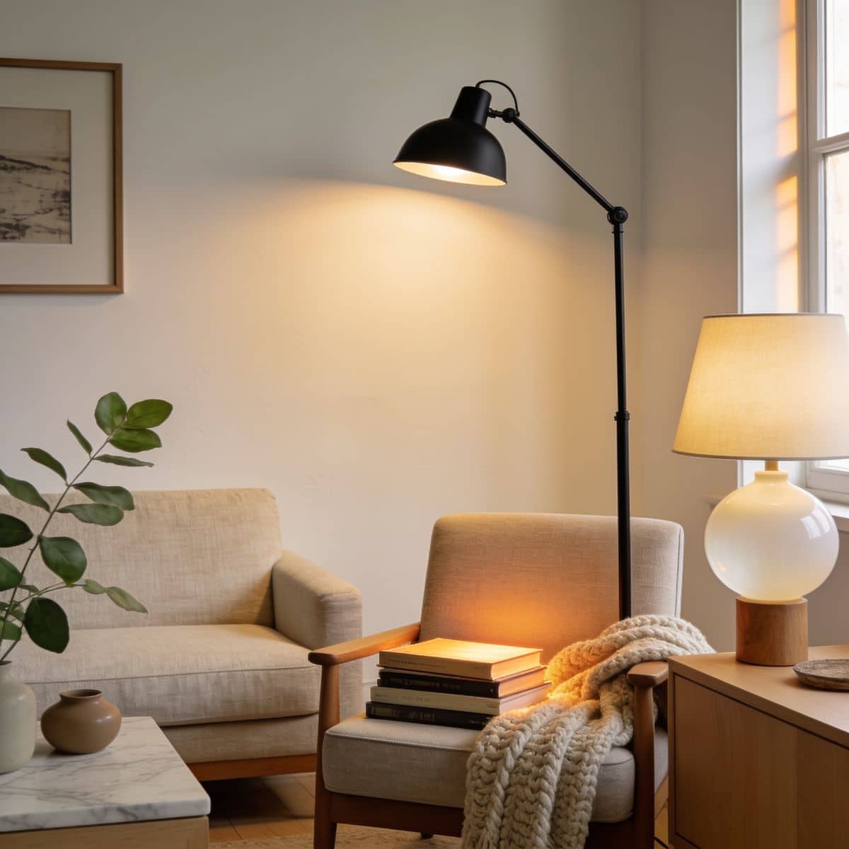 adjustable swing-arm reading floor lamp beside an armchair